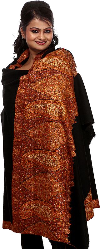 Plain Black Kashmiri Pashmina Shawl with Densely Hand-Embroidered Paisleys on Border