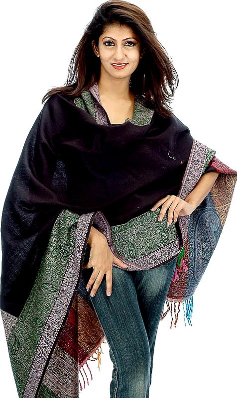 Plain Black Shawl with Jamawar Border
