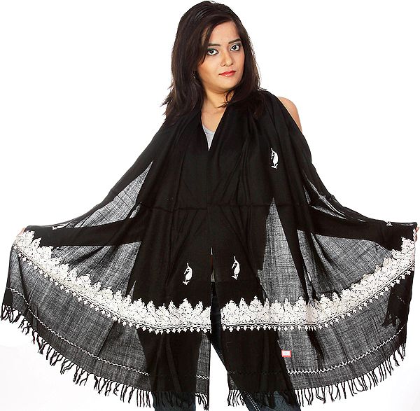 Plain Black Stole from Kashmir with Aari Embroidered Border
