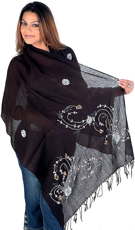 Plain Black Stole with Beads and Sequins