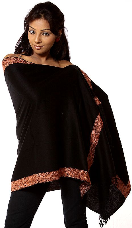 Plain Black Stole with Crewel Embroidery on Border in Copper Thread