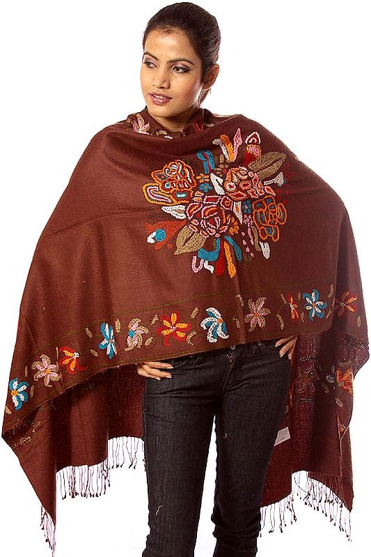 Plain Brown Stole Shawl with Multi-Color Kantha Stitch Embroidery