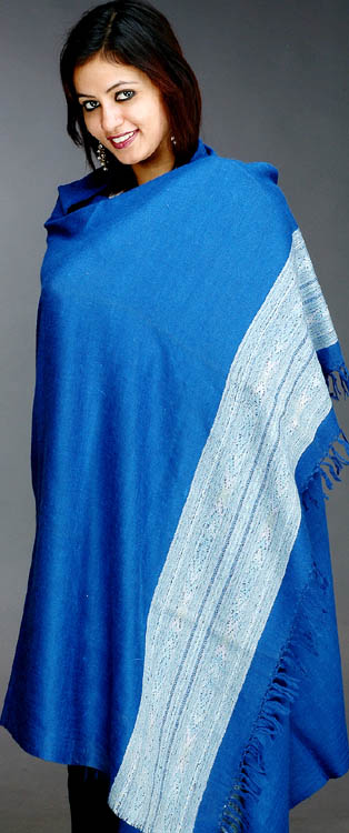 Plain Cobalt Blue Kullu Shawl from Himachal