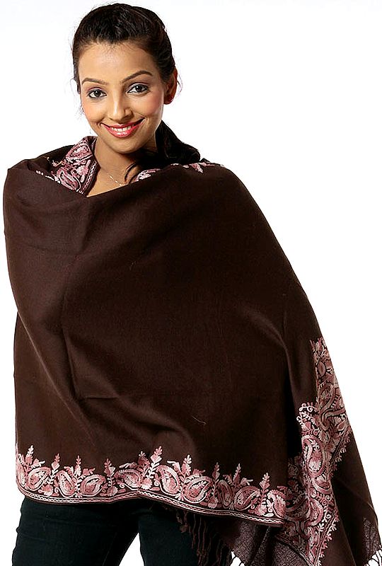 Plain Coffee-Brown Stole with Aari Embroidered Paisleys on Border