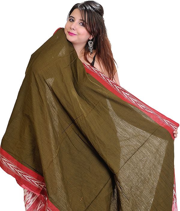 Plain Fir Green and Red Dupatta from Pochampally with Ikat Weave