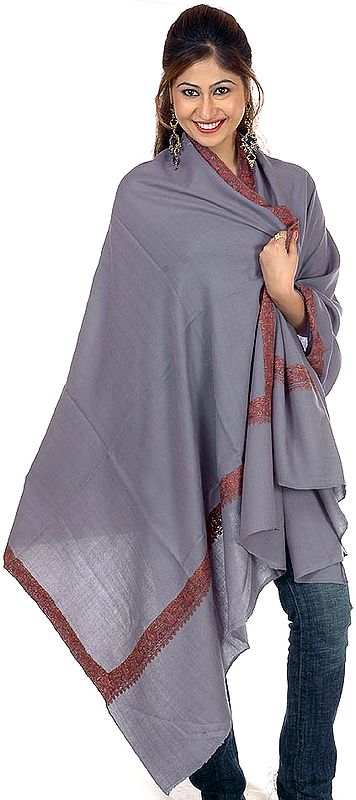 Plain Gray Semi-Pashmina Shawl with Densely Embroidered Border