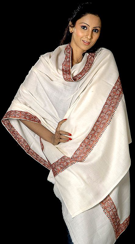 Plain Ivory Semi-Pashmina Shawl with Densely Embroidered Border