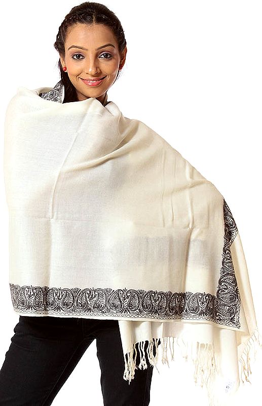 Plain Ivory Stole with Embroidered Paisleys on Border in Black Thread