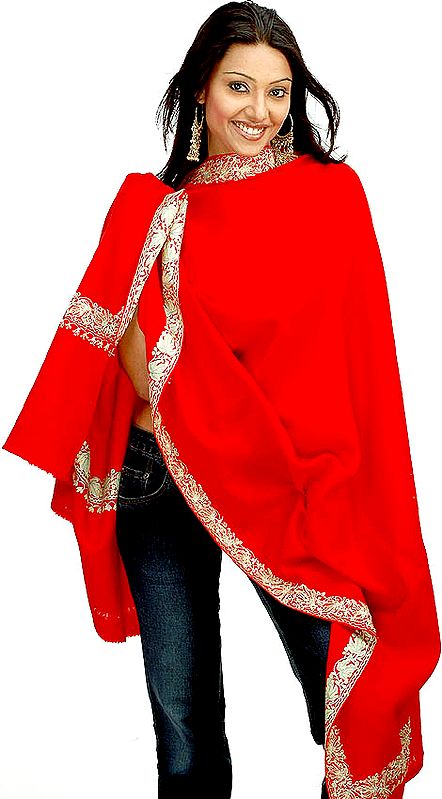 Plain Red Shawl with Aari-Embroidery by Hand Depicting Chinar Leaves