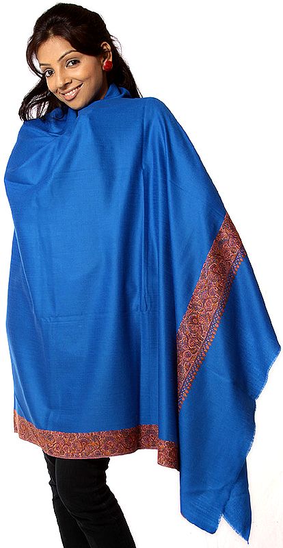 Plain Royal-Blue Tusha Shawl with Densely Embroidered Border