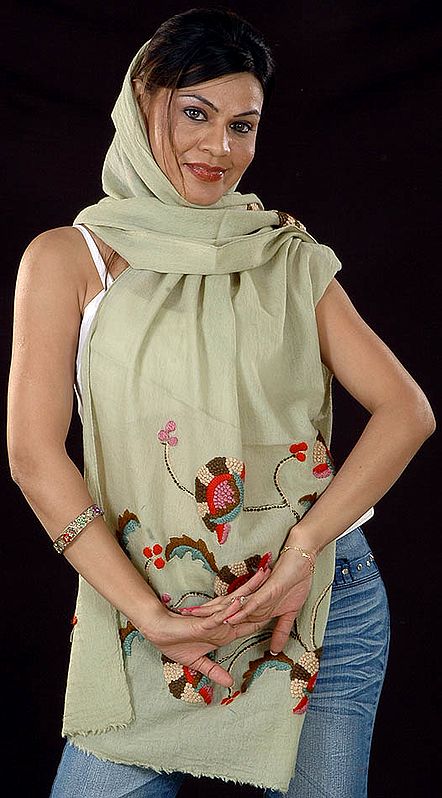 Plain Tea-Green Scarf with Floral Embroidery