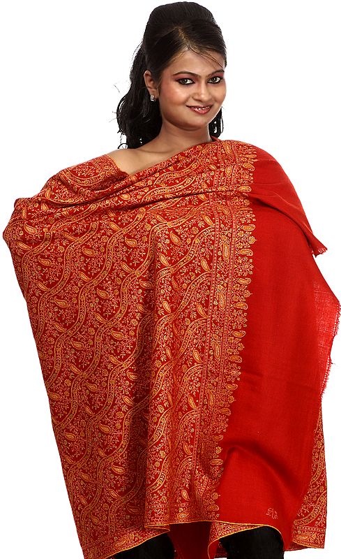 Pompeian-Red Pure Pashmina Shawl from Kashmir with Sozni Embroidered Paisleys by Hand