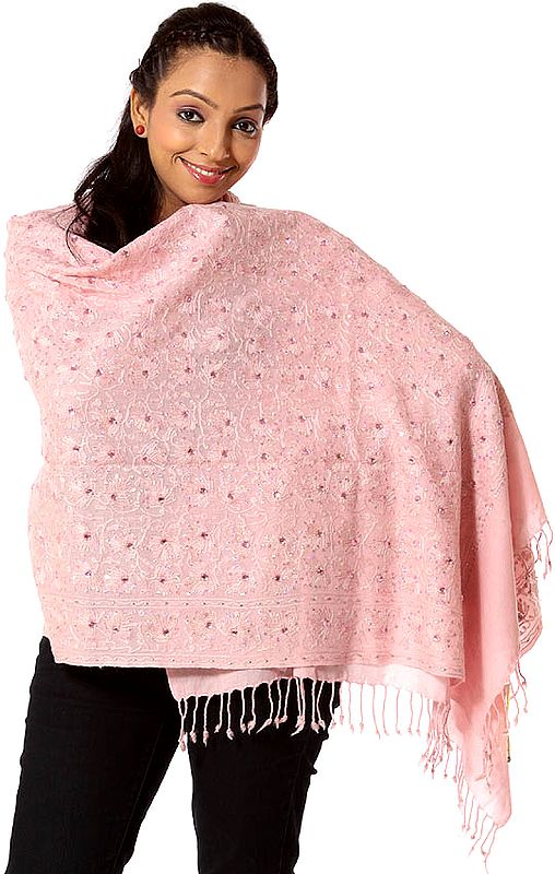Powder-Pink Aari Embroidered Stole with Sequins and Beads