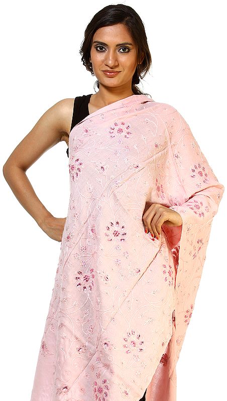 Powder-Pink Aari-Embroidered Stole with Beads and Sequins