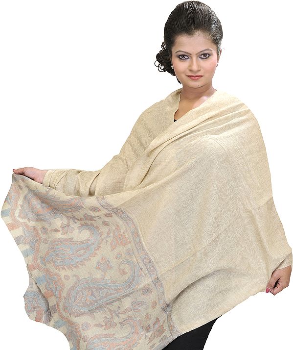 Pure Pashmina Stole with Woven Paisleys and Self-Weave