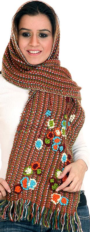 Pure Wool Matted Knitted Scarf with Embroidered Flowers