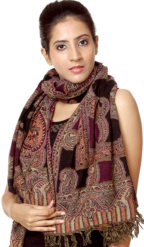 Purple and Black Jamawar Stole with Woven Paisleys