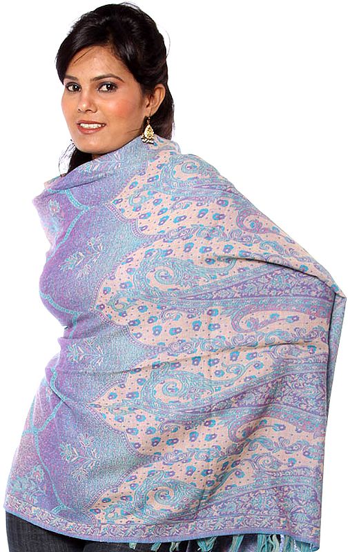 Purple and Blue Reversible Jamawar Shawl with All-Over Weave