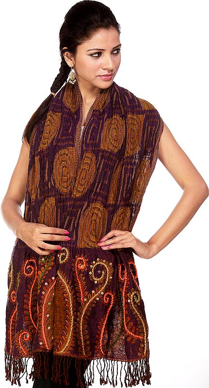 Purple and Brown Stole with Aari Embroidery and Sequins