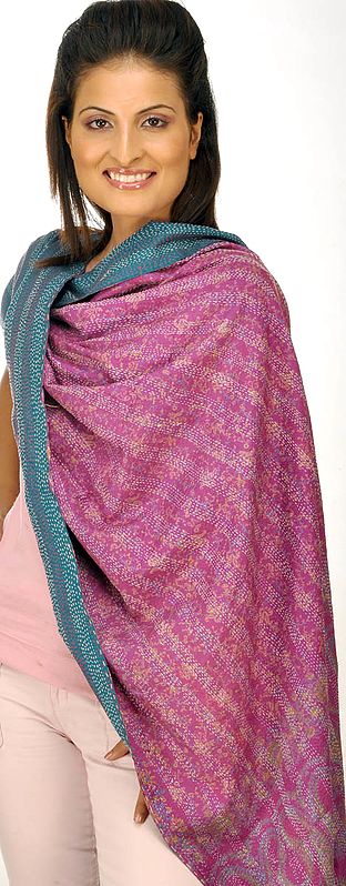Purple and Teal Double-Sided Kantha Embroidered Shawl from Kolkata