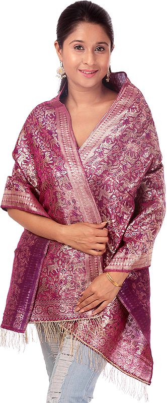 Purple Brocaded Stole from Banaras with Woven Tigers and Deer