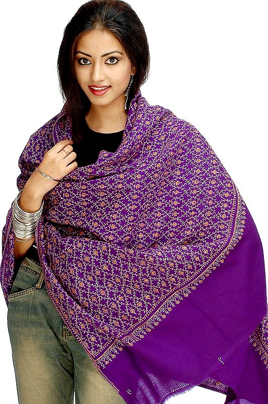 Purple Jafreen Jaal Shawl with Kashmiri Needle Embroidery