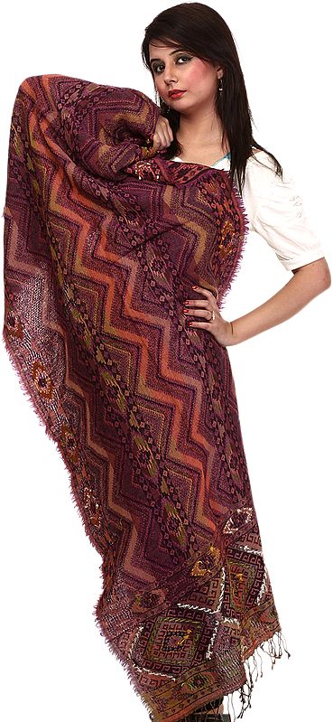 Purple Jamawar Stole with Zig-Zag Weave and Embroidered Mirrors