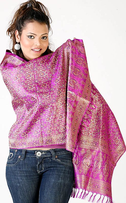 Purple Resham Tehra Stole with Tanchoi Weave All Over