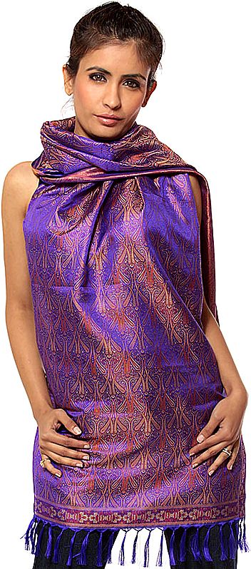 Purple Tehra Banarasi Stole Hand-Woven with All-Over Paisleys