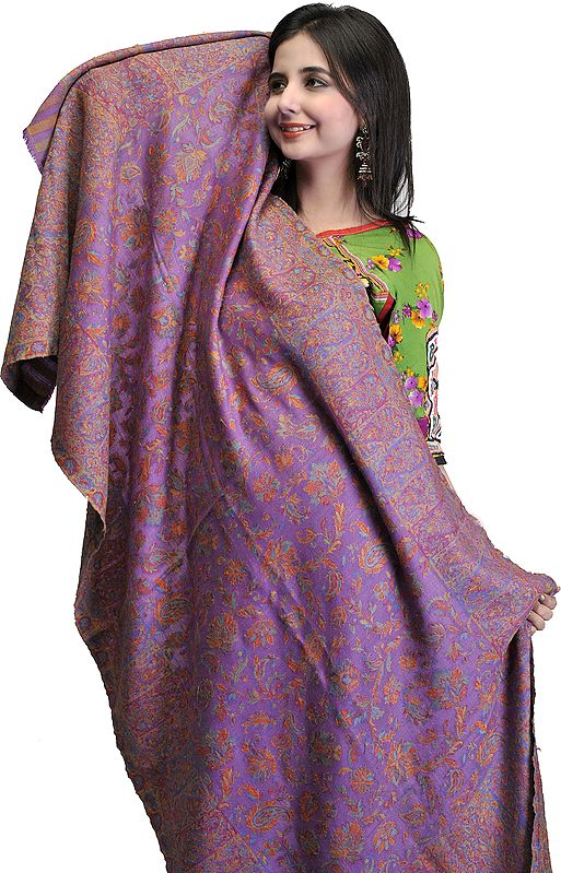 Purple-Passion Kani Stole with Woven Paisleys and Flowers in Multi-Color Thread