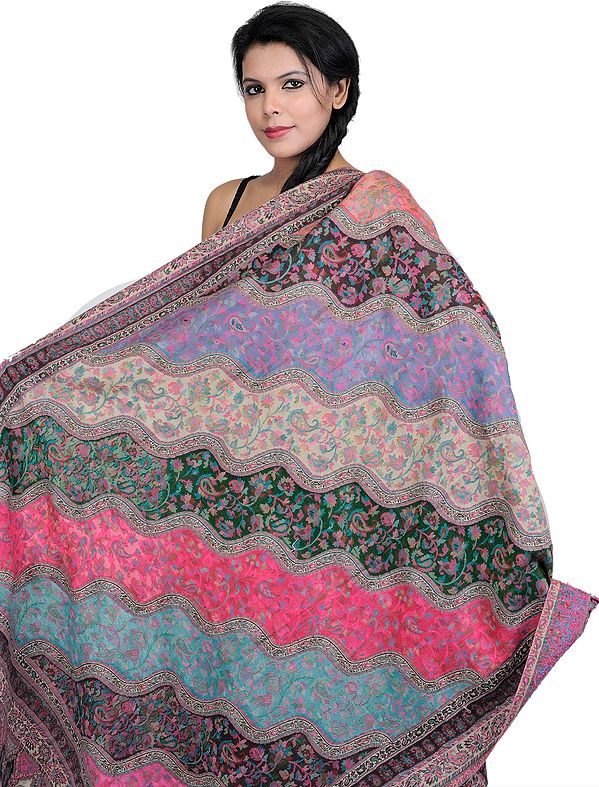 Rainbow Kani Leheria Shawl with All-Over Woven Flowers