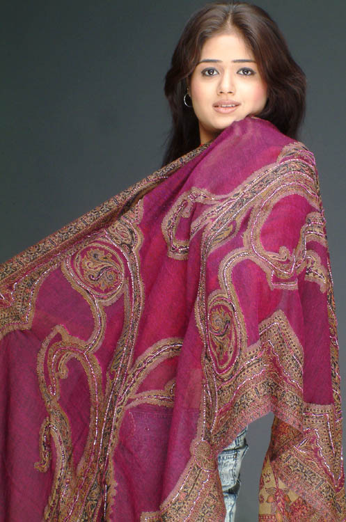 Raspberry Jamawar Stole with Beadwork