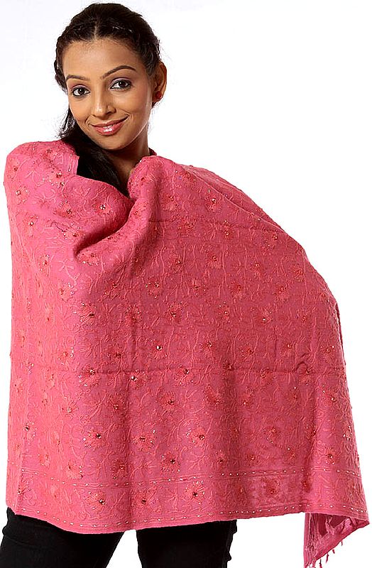 Raspberry-Sorbet Aari Embroidered Stole with Sequins and Beads
