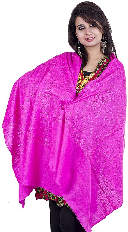 Rasperry Rose-Pink Kashmiri Tusha Stole with Needle Stitch Paisleys Embroidered by Hand All-Over