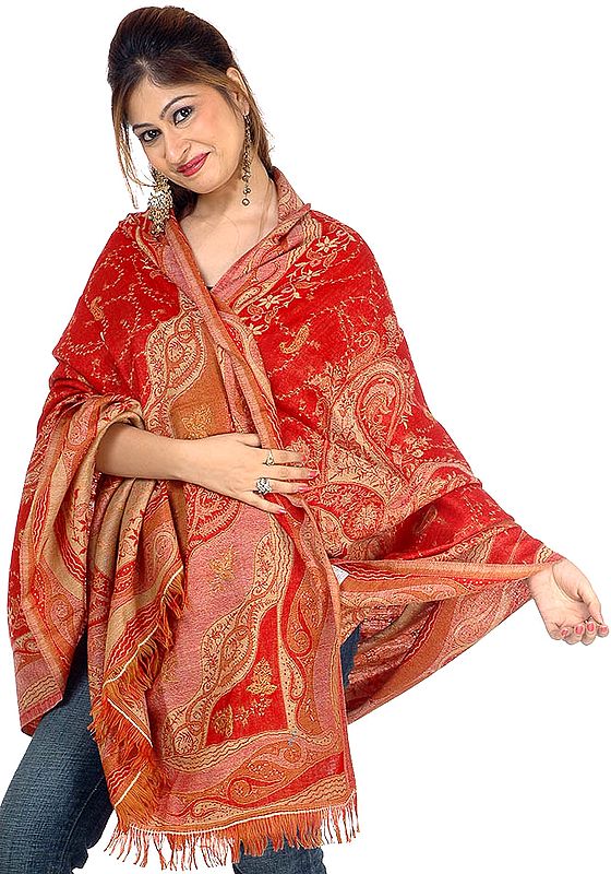 Red and Beige Jamawar Shawl with Needle-Stitch Embroidery by Hand
