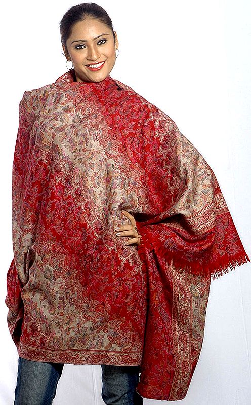 Red and Beige Kani Shawl with All-Over Multi-Color Weave