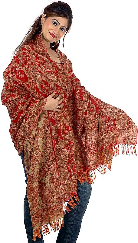 Red and Beige Reversible Jamawar Shawl with All-Over Weave