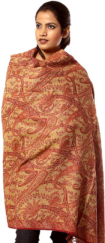 Red and Beige Reversible Jamawar Shawl with All-Over Woven Paisleys
