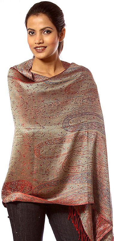 Red and Beige Reversible Jamawar Stole with All-Over Weave