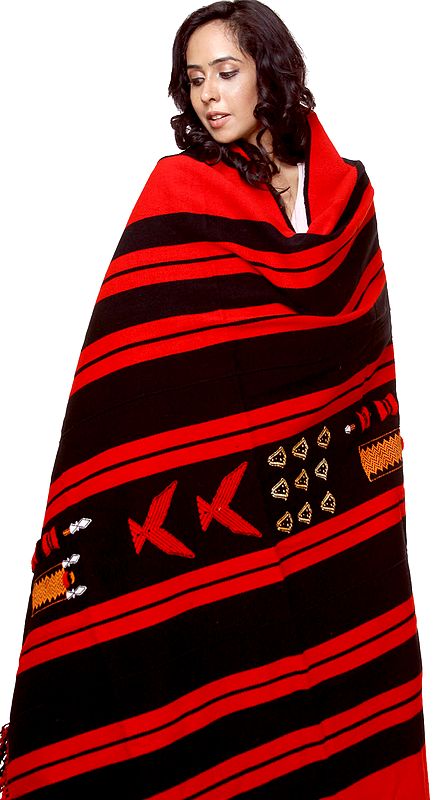 Red and Black Folk Shawl from Nagaland | Exotic India Art