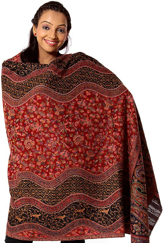 Red and Black Leheria Kani Shawl with Woven Paisleys and Sozni Embroidery by Hand