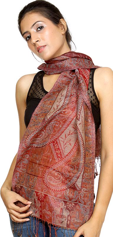 Red and Gray Woven Jamawar Scarf