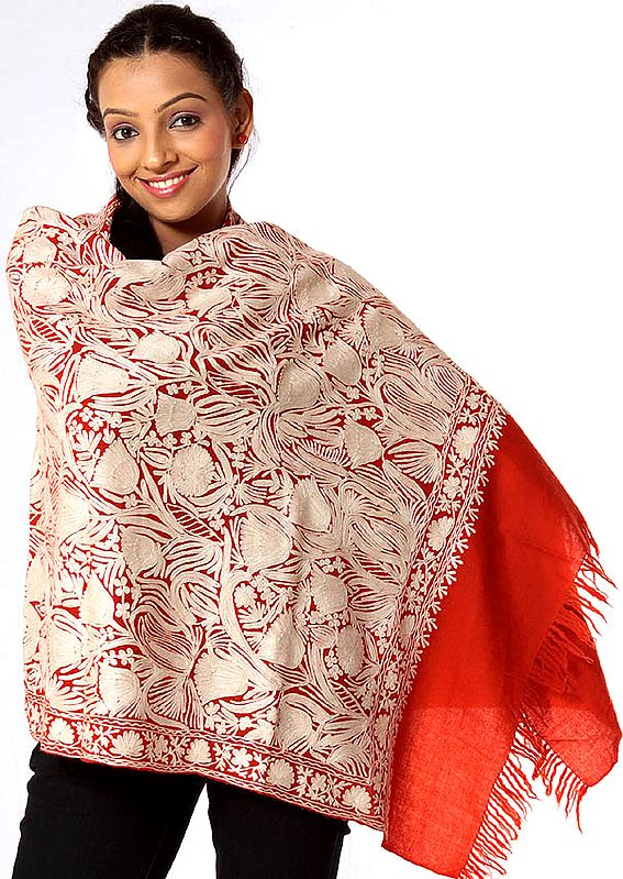 Red and Ivory Aari Stole with Densely Embroidered Tulips