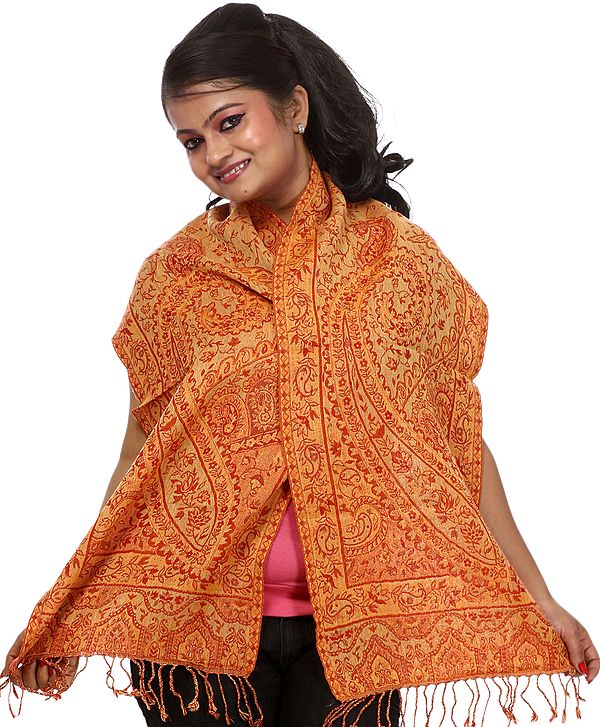 Red and Orange Reversible Jamawar Scarf with Woven Paisleys