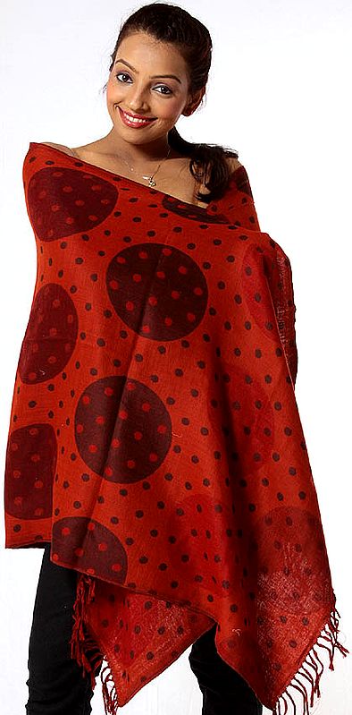 Red and Orange Reversible Polka-Dotted Jamawar Stole