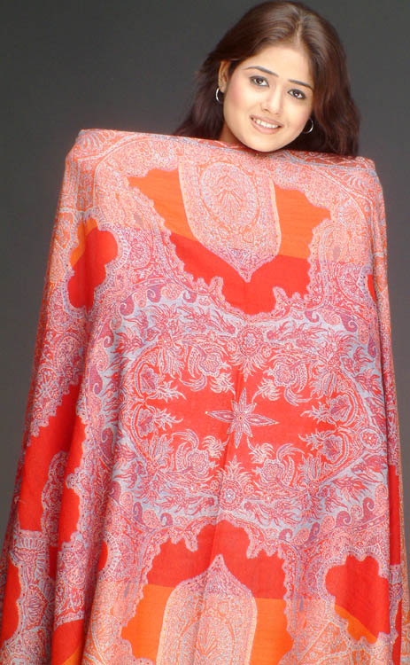 Red and Orange Tafta Shawl with Faceted Crystals