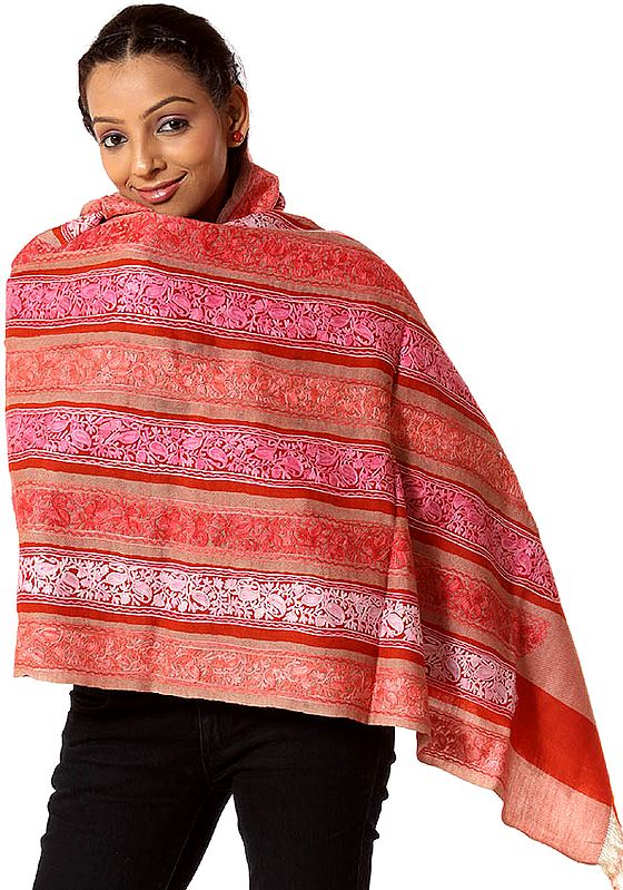 Red and Pink Jamdani Stole from Kashmir with All-Over Embroidered Paisleys