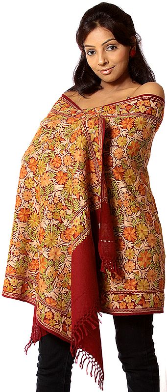 Red Aari Stole with Dense Floral Embroidery All-Over