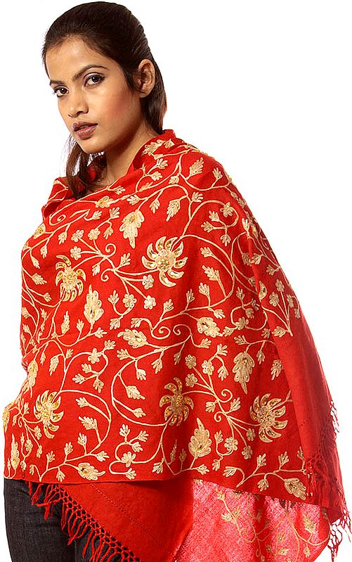 Red Crewel Embroidered Stole with Crystals and Sequins