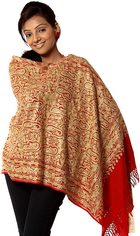 Red Crewel Stole with Golden Thread Embroidery and Crystals